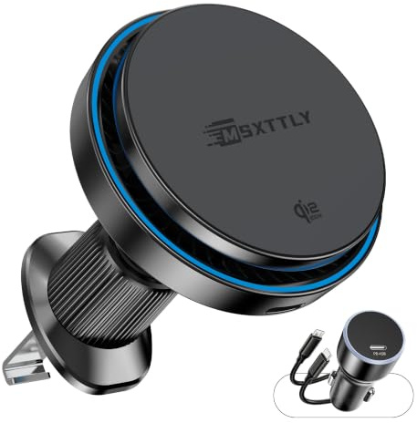 MSXTTLY Cargador Coche MagSafe Inalámbrico 25W Qi2.2 con Cargador Rápido USB-C 55W, Soporte Magnético Móvil para Coche para iPhone 17 Pro Max/17/16, Samsung Galaxy, Pixel