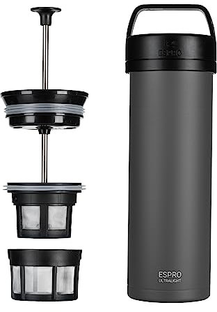 ESPRO – P0 Ultralight – Französische Kaffeepresse für Einzelportionen und leichte Trinkflasche für Reisen, Camping und den täglichen Gebrauch, Edelstahl, vakuumisoliert, 16 oz (Gun Metal Grey)