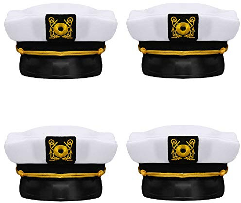 Captain's Yacht Sailors Hat (4 Pack) ● Captain’s Hats Are A Great Family Cruise Accessory for Men, Women, Teens, Kids ● Black & White Yacht Hat Set for Parties Halloween Costume Accessory,