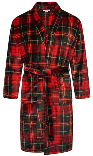 Adore Home Mens Soft Warm Flannel Fleece Bathrobe Dressing Gown Shawl, Check Red, L-XL
