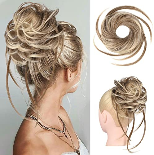 HOOJIH Messy Bun Hair Piece - Super Long Tousled Updo Extensions, Wavy Wrap Ponytail Hairpieces, Scrunchies With Elastic Band HB007 Grace - Light Ash Brown With Blonde Mixed