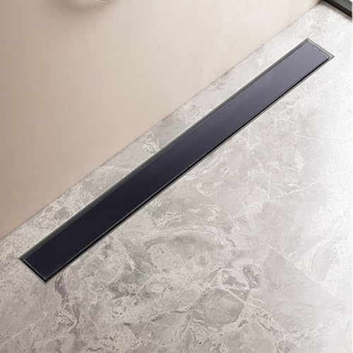 Caniveau de ducha de 60 cm plano, sifón con parador de olor y filtro de pelo canaleta de ducha de cristal negro juego completo sifón de suelo de acero inoxidable para mampara de ducha