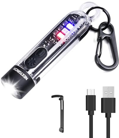 Nextorch Porte-clés lampe torche 700 lumens rechargeable EDC lampe de poche lumineuse avec lampe torche UV 405 nm lumière rouge bleu clignotant d'urgence pour camping extérieur promenade chien