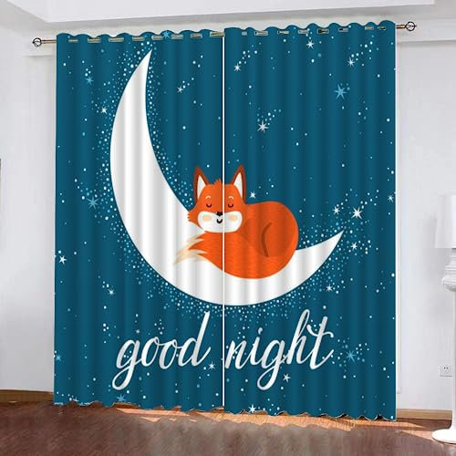 GIOVIA 3D Fuchs Vorhänge Abdunkelnde Sterne Mond Kindervorhänge Vorhang mit ösen 2er Set Gardinen Blickdicht Verdunkelungs für Kinderzimmer Schlafzimmer Wohnzimmer B 150 X H 166 cm