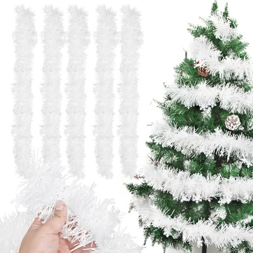 Guirnalda Copos Nieve de Oropel Navidad, 5pcs Espumillon Arbol Navidad, 2m Espumillón de Navidad, Oropel Navidad, Espumillon Decoración para Fiesta Árbol de Navidad (Blanco)