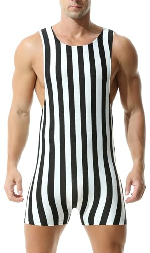 DTODWW Mens Striped Wrestling Singlet Bodysuit One Piece Swimsuit Stretchy Base Layers Pajamas Leotard Athletic Jumpsuit