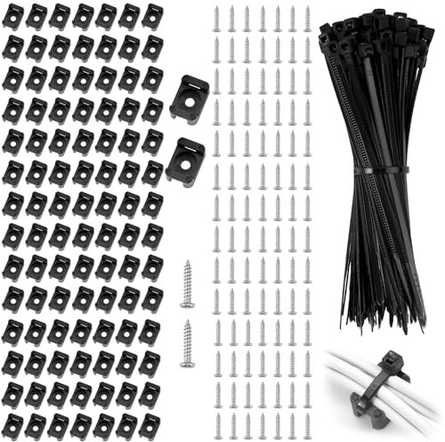 100 Set Nylon Kabelhalter Wand mit Kabelbinder Halter Satteltyp und Schrauben,Kabelbinder Schwarz Klein 10cm Kabelbefestigung Wand Kabelschelle,Stark Kabel Befestigung Organisieren Kabeln Datenkabeln