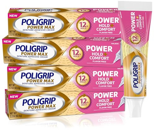 Poligrip Denture Adhesive, Power Max Hold Plus Comfort Denture Adhesive Cream, 2.2 Ounces (Pack of 4)