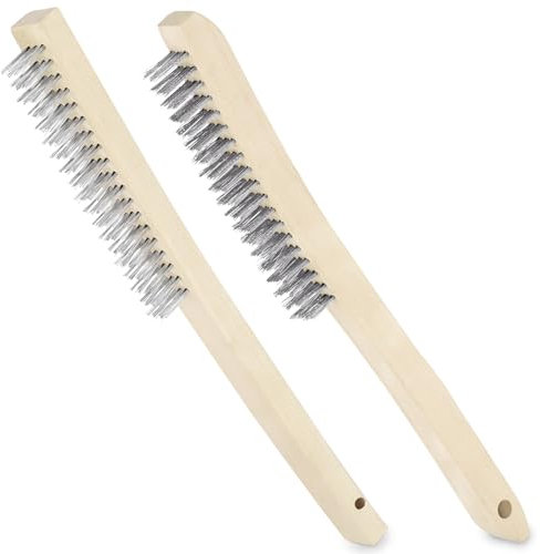 Swpeet 2 cepillos de alambre de acero inoxidable de 13,8 pulgadas con mango largo curvado de madera de haya, alambre de alto rendimiento, cepillo para fregar el óxido, cepillo de fregado con limpieza