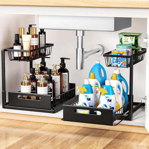 Cocolemon Metall Unter Waschbecken Regal, 2 Stücke Küche Schrank Organizer mit Schublade, Große Kapazität Unterschrankregal, Gewürzregal und Küchenhelfer für Küche, Bad, Unterschrank, Schwarz