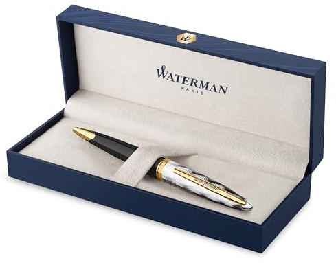 Waterman Carene Ballpoint Pen | Metal & Black Lacquer with Gold trim & Chiselled cap | Medium Tip | Blue Ink | Gift Box