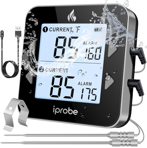 iProbe Dual Probe Rechargeable & Waterproof Digital Meat Thermometer for Food - Large LCD Backlight Cooking Thermometer for Kitchen Smoker Oven Grill BBQ Candy
