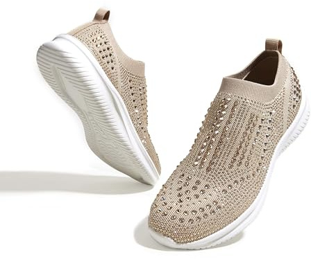 LUCKY STEP Women's Rhinestone Mesh Slip On Walking Shoes Fashion Breathable Spakle Glitter Sneaker (Beige, 8US-38EU-5UK)