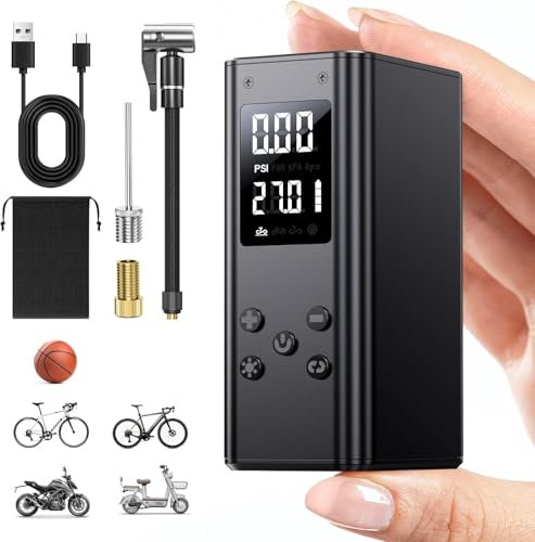 Mini Fahrradpumpe Elektrisch, 100Psi Tragbare Fahrradpumpe Bike Pump mit Digitalem Druckmessgerät für Rennrad, Mountainbike, E-Bike, Motorrad mit Presta, Schrader, Ventilzubehör