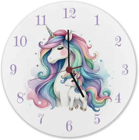 speecheese Horloge murale licorne maman avec enfant, pour chambre d'enfant, licorne maman et poulain, horloge murale colorée pour toute la famille avec crinière colorée