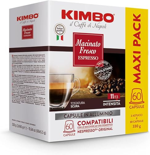 Kimbo, Macinato Fresco, 240 Capsule Caffè in Alluminio Compatibili Nespresso®* Original®*, Miscela Forte e Corposa, Intensità 11/13, Tostatura Scura, 4 Pack da 60 Capsule