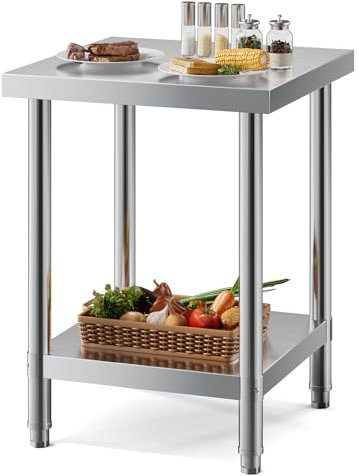 FIDOOVIVIA 60 x 60 x 80cm Stainless Food Prep Table, Kitchen Catering Table with Bottom Shelf, 150kg Load Capacity Heavy Duty Commercial Work Table for Restaurant Kitchen Bar Garage