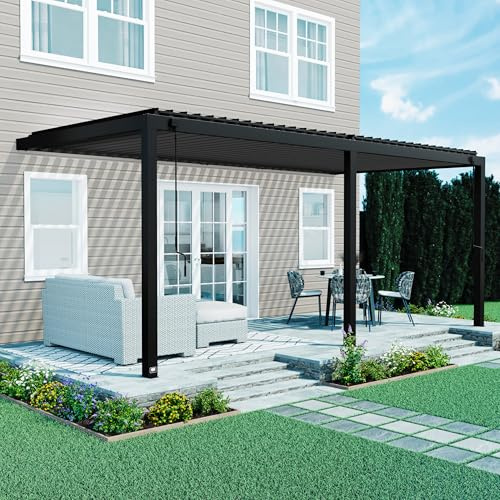 Backyard Discovery Evanston 20'x10' Galvanized Steel Wall-Mounted Louvered Pergola Kit with Adjustable Roof, Shade, Rain Protection, High-Wind Rating, PowerPort, Gutter System for Outdoor Patio, Deck