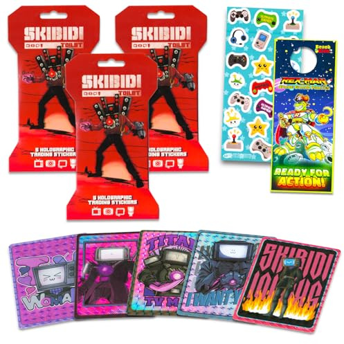 Skibidi Toilet Holographic Sticker 3 Pack Set - Bundle with 3 Skibidi Toilet Blind Packs Plus More | Premium Collectible Trading Sticker Cards for Kids