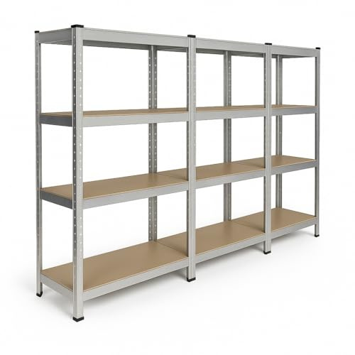 EURO VANADIUM - Triple Étagères de Rangement Charges Lourdes - 210 x 150 cm - 960 kg - Étagères de Garage modulables, 4 Niveaux, 12 Plateaux - 40 cm - Gris