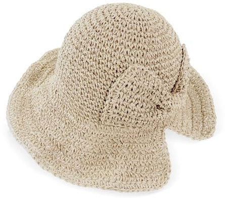 Feelorna Cappello di paglia da donna, cappello floppy a falda larga in paglia estivo pieghevole con nodo a fiocco, protezione UV, cappello da spiaggia per le vacanze al mare, beige., Taglia unica