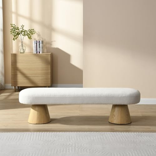 NUPczxg 64 Inch Boucle Entryway Bench, Modern Beige End of Bed Bench for Bedroom/Hallway Mudroom/Living Room, Window Benchs with Padded Seat/Conic Wooden Legs, Beige