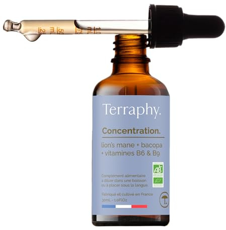 TERRAPHY - Cure Concentration 30 jours Champignons Adaptogènes - Lion’s Mane, Bacopa & Vitamines B6 B9 - Développe Focus, Mémoire et Clarté Mentale - Formule Liquide Bio Ultra Efficace