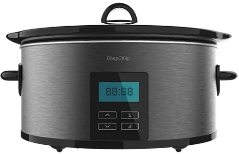 Cecotec Slow Cooker 5,5L Chupchup Matic Spatula. 240W, Programmierbar 24h, 2 Temperaturen, Timer, LCD-Display, Warmhaltefunktion, Ofenfest, Ovales Keramik, Glasdeckel
