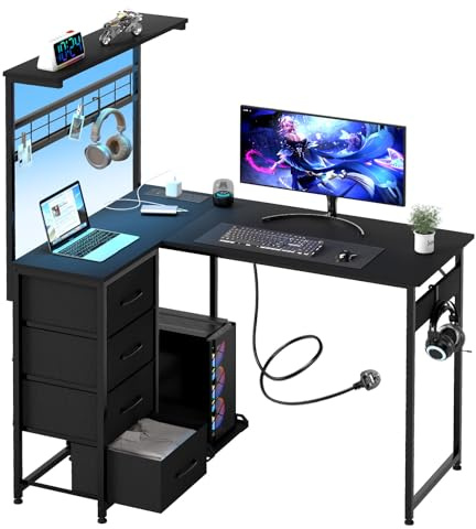Levede L Shaped Gaming Desk with LED Lights & UK Power Outlets, 110 x 80 cm Reversible Corner PC Desk with 4 Fabric Drawers, Pegboard, CPU Stand & Headphone Hook, Carbon Fibre Black
