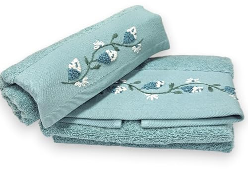 Vico Casa® Set asciugamani bagno 1+1 Asciugamano viso 55x100cm, asciugamano bidet ospite 40x60cm / In 100% cotone, certificato OEKO-TEX/MARION MENTA disegno floreale
