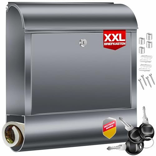 KESSER Buzón XXL de acero inoxidable con compartimento para periódicos, cepillado, 3 llaves con cerradura, revestimiento de polvo, montaje en pared, gran ranura frontal: DIN C4 = DIN A4, incluye