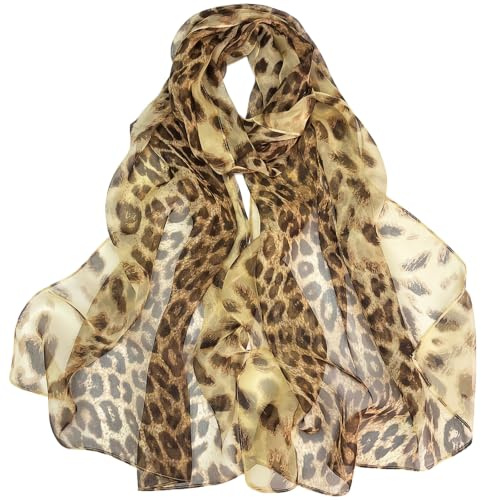 FAIRYGATE Ladies Chiffon Scarf Silk Classic Leopard Animal Print Lightweight Sheer Scarves Women Spring Summer Neck Scarfs Camel 63 x 20 Inch (160 x 50 cm) C3810