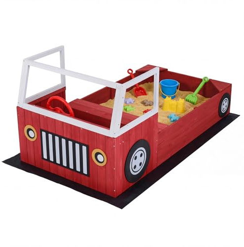 FANTASK Caja de Arena de Madera, 80 x 156 x 70 cm, Caja de Juegos con Volante Giratorio, Asientos de Esquina y Asiento para Bomberos, Caja de Arena para niños, Caja de Arena para Exteriores, balcón