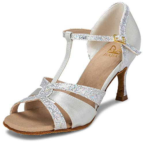 JIAJIA 20519 Latin Dam Sandaler 7,5 cm Flared Heel Super Satin Dansskor Färg Silver,Storlek 39 EU (5.5 UK)