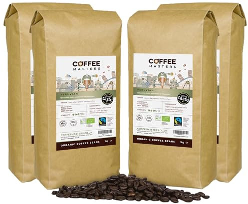 Coffee Masters Peruvian Coffee Beans 4x1kg - Organic Fairtrade Single Origin Arabica, Roasted in the UK - Ideal for Espresso Machines - Great Taste Award Winner