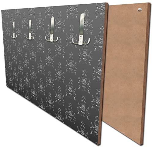 wandmotiv24 Garderobe Barock Schwarzgrau Muster Querformat - 69x40 (BxH) - Dekorfolie Wandgarderobe, inklusive Garderoben-Haken, Kleiderhaken, Set M0122