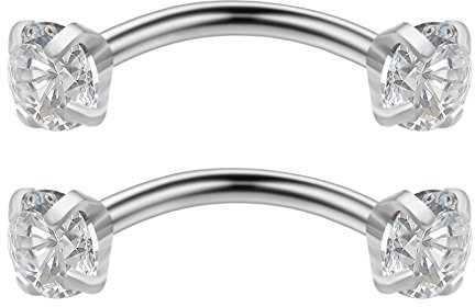 Ruifan 2PCS 16G 6mm 1/4Inch Stainless Steel 3mm Cubic Zirconia Gem Internally Thread Curved Barbell Eyebrow Tragus Ring Piercing Jewelry - Silver