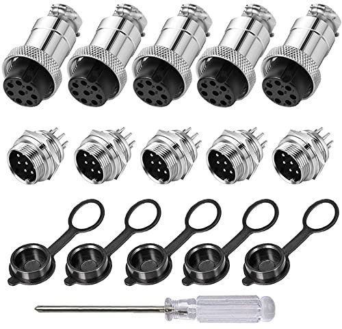 Aiqeer 5 Pezzi 8-Pin GX16 Connettore Aviazione, 16 mm Connettore Aviazione Metallo, 5A Connettore Aviazione Maschio Femmina, con Cappuccio in Gomma e Cacciavite a Croce