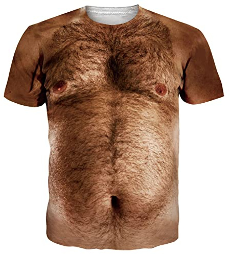RAISEVERN T Shirt Faux Muscle Homme Tee Shirt Femmes 3D Imprimer Ventre Poilu Humour T-Shirt À Manches Courtes Marrant Drôle Chic Moche Fête Cadeau Vêtements, M