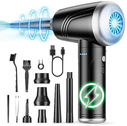 Elektrische Staubgebläse 3-Gang 120000 U/min Druckluftspray, 9000mAh Akku Tastatur Reinigungsset, Compressed Air Duster mit LED-Licht und Reinigungsbürste, für PC/Sofa/Auto/Tastatur/Kamera, Silber