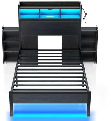 Rolanstar Twin Bed Frame with Bookcase Storage Headboard, Slide Out Bedside Storage, Bed with Charging Station & LED Lights, Heavy Duty Metal Slats, No Box Spring Needed, Noise Free, Black