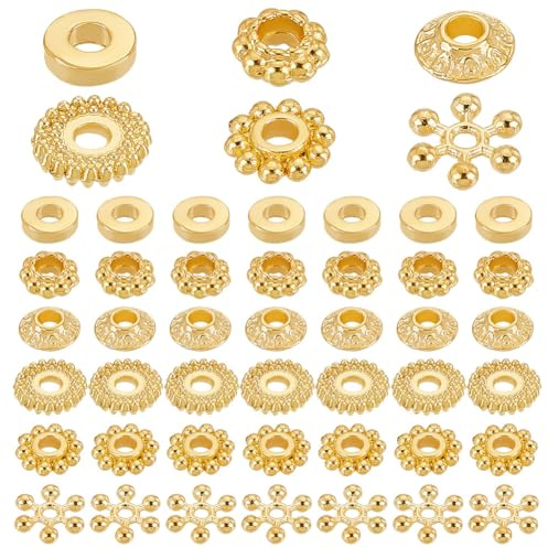 PH PandaHall 300 st gyllene distanspärlor, 6 stilar legering skivdistanser munk bikon blomma lösa pärlor snöflinga redskap smycken pärla berlock för armband halsband örhänge smyckestillverkning