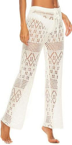 FEOYA Pantalon Transparent Femme Pantalon de Plage Pantalon Crochet Femme Pantalons en Dentelle Décontractée