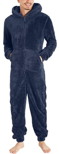 Cexiakong Pijama largo para hombre, mono de invierno de una pieza, pijama de peluche, traje de casa de forro polar, traje de cuerpo entero con cremallera con capucha a la moda cálido abrigo de