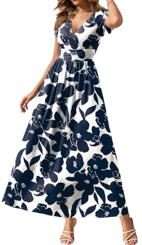 Gracyoga Women's 2025 Trendy Fall Dress Elegant Empire Waist Dresses for Women Curvy Smocked Vintage A Line Sundresses Vacation Outfit White Blue Floral XL