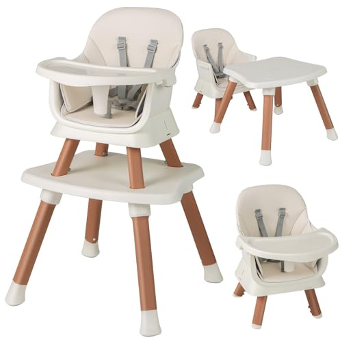 COSTWAY 6 in 1 Seggiolone Pappa per Bambini, Seggiolone per Neonati Convertibile, con Vassoio Rimovibile e Regolabile, Imbracatura, Tavolo per Costruzioni, per Bambini 6+Mesi (Bianco+Naturale)