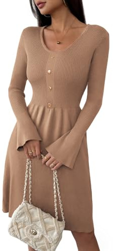 Zeagoo Robe en tricot pour femme - Manches longues - Col en V - Robe pull élégante - Robe d'hiver unie - Robe midi avec manches trompette