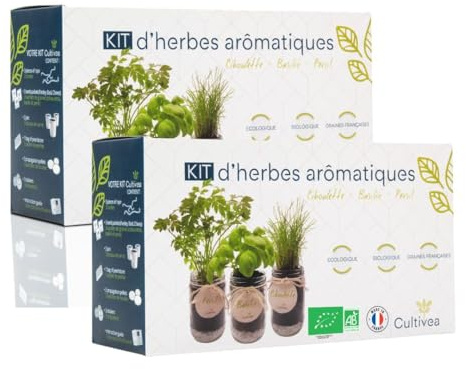 CULTIVEA 2 x kit pronto a crescere di erbe aromatiche – semi 100% biologici – Made in France – orto da interno – pianta (basilico, prezzemolo e erba cipollina) – idea regalo