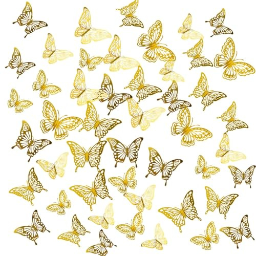 Issimober 3D Mariposas Doradas Metálicas Mariposas Decorativas 48 Unidades Adhesivos de Pared Desmontables 4 Estilos 3 Tamaños Mariposa Dorada Decoración para Cumpleaños Fiesta Boda