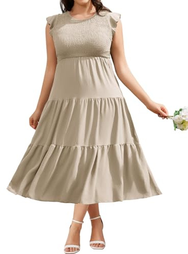 heekpek Robe Ete Femme Grande Taille Robes Chic et Elegant Longue Col Rond Manches à Volants Robes Élastique Taille Décontractée Ample A-Line Robe de Plage